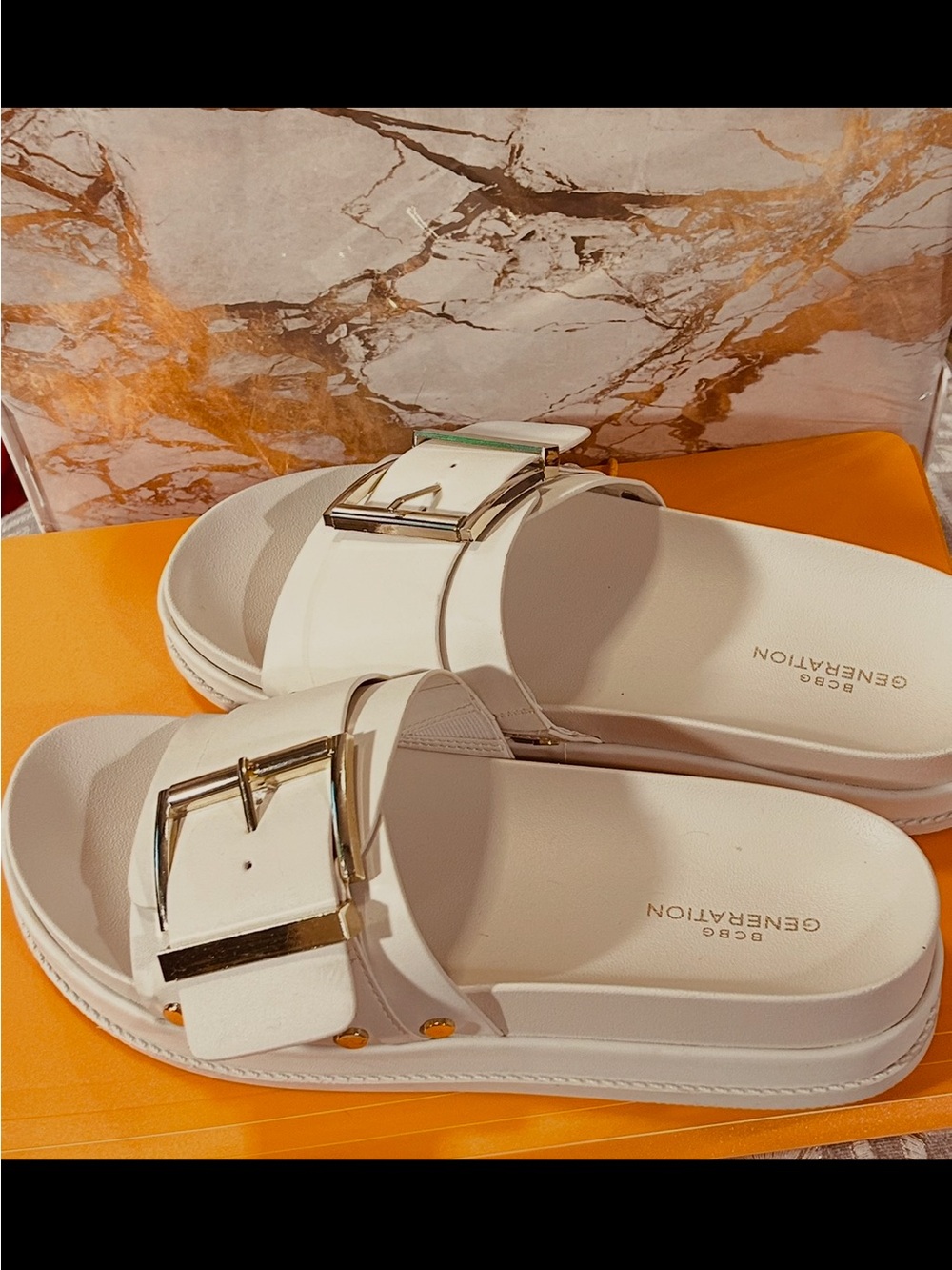 White Buckle Slide Sandals/New